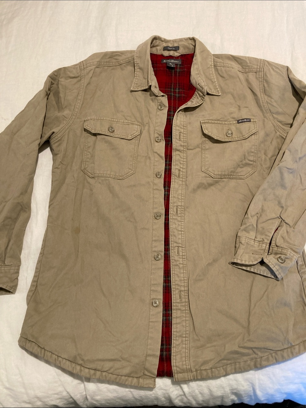 Eddie Bauer Khaki Shirt Jacket with Red Plaid Lining